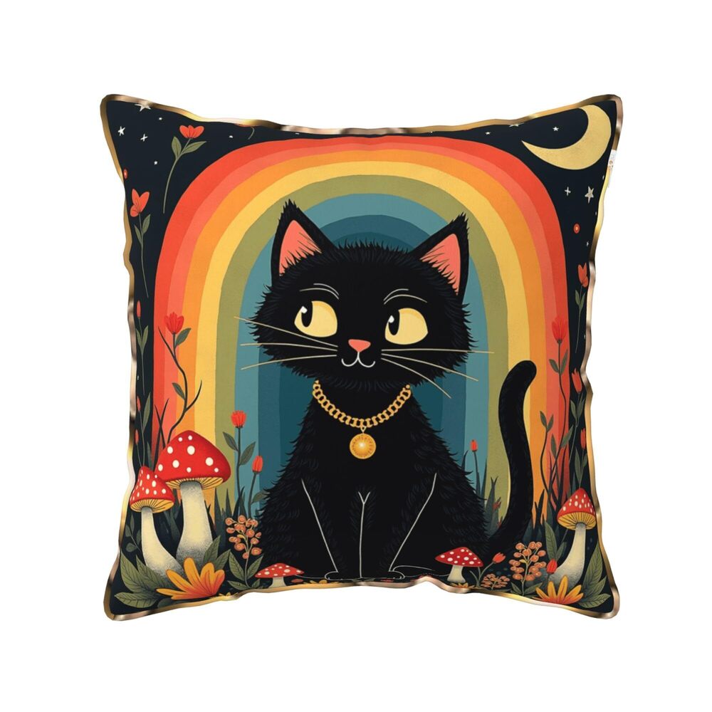 1984 Velvet Throw Pillow Cover with Gold Trim 18x18 Cat Sitting in Rainbow